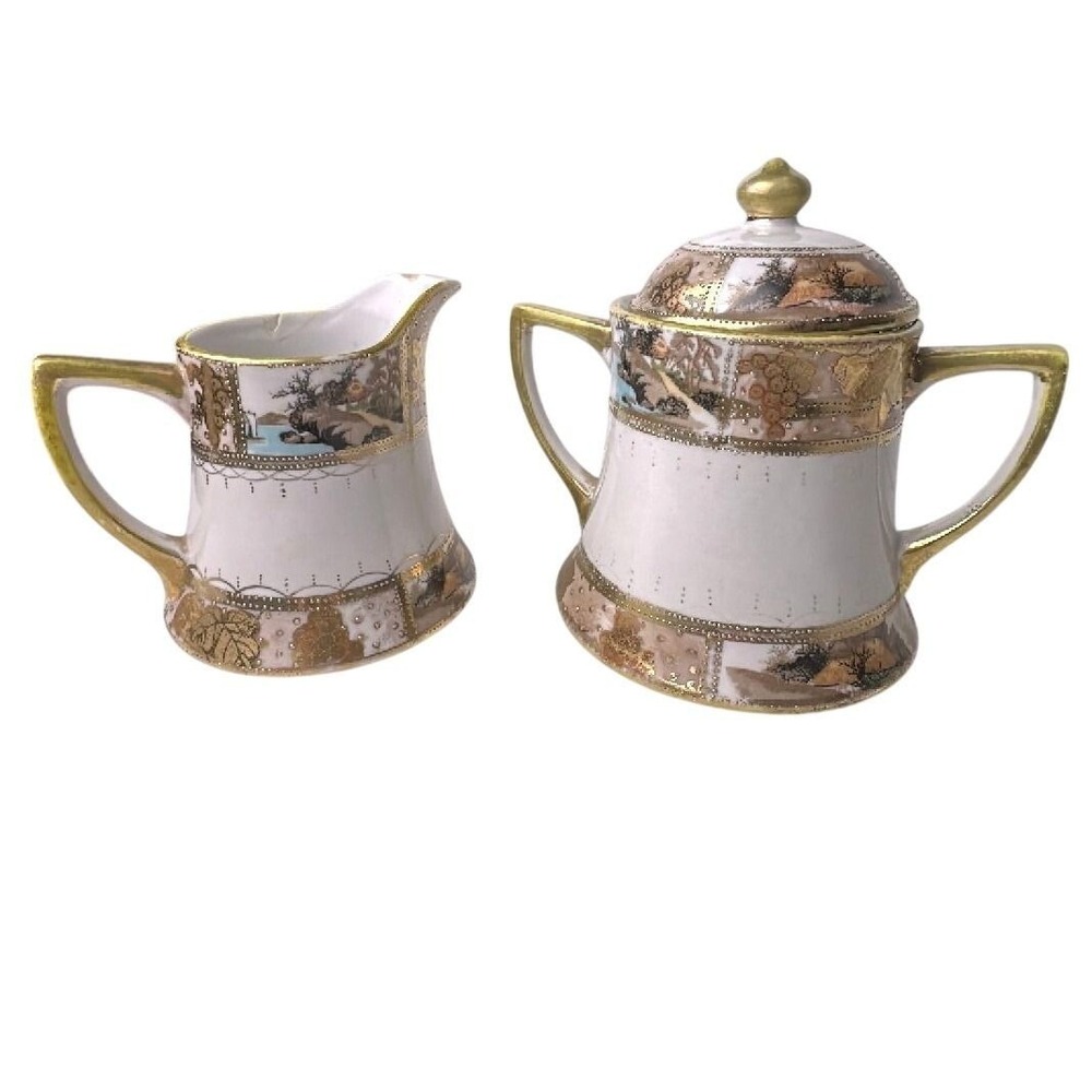 Antique Nippon Hand Painted Scenic Creamer Sugar Set Gold Moriage